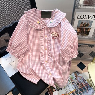 เสื้อเชิ้ตแขนสั้น คอตุ๊กตา ลายสก๊อต สีชมพู สไตล์เกาหลี สําหรับผู้หญิง