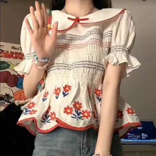 เสื้อเชิ้ตแขนสั้น คอตุ๊กตา แขนพอง ลายดอกไม้ แฟชั่นเกาหลี สําหรับผู้หญิง