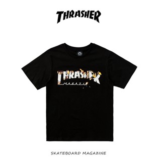 เสื้อยืดแขนสั้นลําลอง คอกลม ผ้าฝ้าย พิมพ์ลายตัวอักษร THRASHER ทรงหลวม แฟชั่นสําหรับผู้ชาย และผู้หญิง