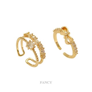 Fancy 2 ชิ้น / เซต บุคลิกที่เรียบง่าย โบ ลูกบาศก์ เพทาย เพชร แหวนวางซ้อนกันได้ ผู้หญิง แฟชั่น เครื่องประดับ แหวน ปรับขนาดได้