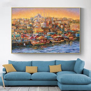 Istanbul โปสเตอร์ภาพวาดผ้าใบ ลายทิวทัศน์ เมืองตุรกี และผู้คน หลายสีสัน สําหรับตกแต่งผนังบ้าน 0711