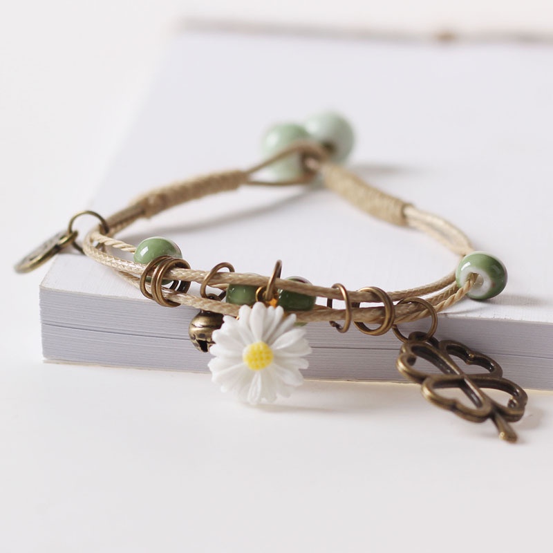 สร้อยข้อมือเซรามิคถัก รูปดอกเดซี่ ใบโคลเวอร์สี่แฉก ขนาดเล็ก แบบเรียบง่าย
