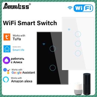 สวิตช์เซนเซอร์ไฟติดผนัง 1/2/3/4แก๊ง Tuya Wifi สมาร์ทสัมผัสสวิทช์ไฟบ้านผนังปุ่ม120*72มิลลิเมตรลวดเป็นกลางสำหรับ Alexa และ Google Home cod