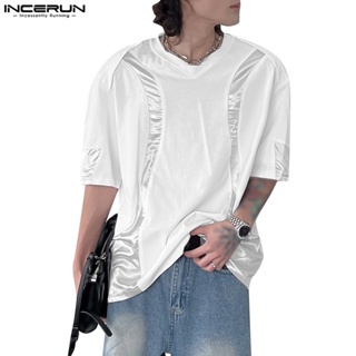 Incerun เสื้อยืดลําลอง แขนสั้น ลายเมทัลลิก สไตล์เกาหลี สําหรับผู้ชาย