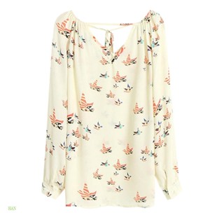 Han เสื้อเชิ้ต คอวี แขนยาว ผ้าชีฟอง พิมพ์ลายดอกไม้ ผูกด้านหน้า สําหรับผู้หญิง