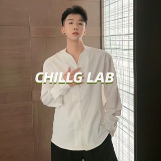 CHILLG LAB เสื้อเชิ้ตผู้ชาย สีขาว แขนยาว แบรนด์แฟชั่นเกาหลีคุณภาพสูง