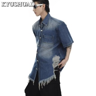 KYUSHUAD เสื้อเชิ้ตแขนสั้นย้อนยุคดีไซน์เฉพาะระดับไฮเอนด์, แจ็คเก็ตยีนส์ลำลองหลวม,