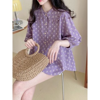 เสื้อเชิ้ตแขนตุ๊กตา คอตุ๊กตา ลายดอกไม้ สีม่วง สไตล์เกาหลี สําหรับผู้หญิง 2023