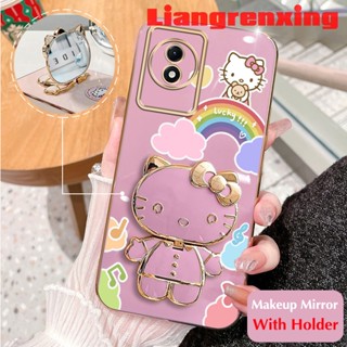 เคสโทรศัพท์มือถือ ซิลิโคนนิ่ม ป้องกัน กันชน ลาย Hello Kitty Cat พร้อมกระจกแต่งหน้า สําหรับ VIVO Y02 y02t y02a 5g 2022 DDXKT01