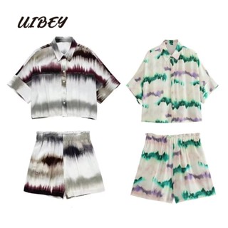 Uibey เสื้อเชิ้ตแขนสั้น คอปก สีมัดย้อม และกางเกงขาสั้น แฟชั่น 9488