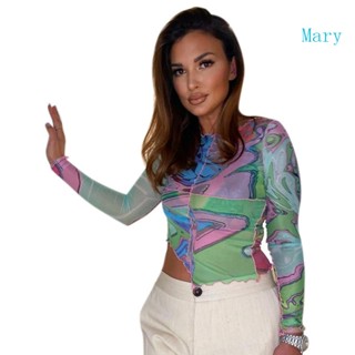 Mary เสื้อยืดลําลอง แขนยาว คอกลม พิมพ์ลาย ทรงไม่สมมาตร แฟชั่นสําหรับสตรี