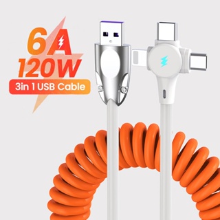 3 in 1 สายชาร์จ USB Type-C 120W 6A แบบสปริง ชาร์จเร็ว สําหรับ iPhone Xiaomi Micro USB Cable