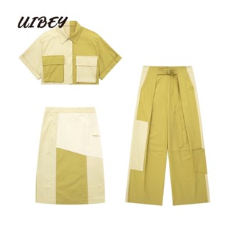 Uibey เสื้อเชิ้ตคอปก แขนสั้น + กางเกงเอวสูง 7402