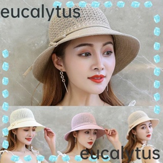 Eucalytus1 หมวกฟางโพลีเอสเตอร์ ปีกกว้าง สีขาว กันแดด สีชมพู สําหรับผู้หญิง