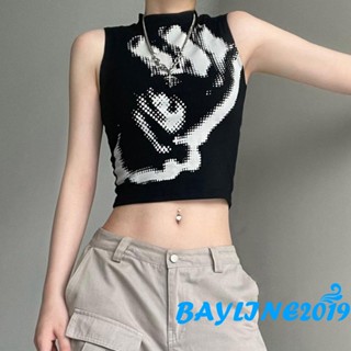 Bay-เสื้อครอปแขนกุด คอม็อค พิมพ์ลายท่าทาง สไตล์พังก์ แนวสตรีท เหมาะกับฤดูร้อน สําหรับผู้หญิง