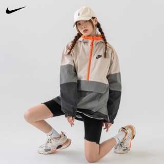 Nike เสื้อคลุมกันลมลําลอง มีฮู้ด มีซิปครึ่ง สีตัดกัน 100% แฟชั่นสําหรับผู้ชาย และผู้หญิง