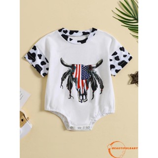 Beauty-baby ชุดรอมเปอร์ บอดี้สูท แขนสั้น คอกลม พิมพ์ลายหัววัว 4th of July สําหรับเด็กทารกแรกเกิด