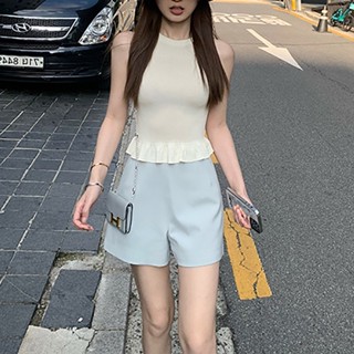 ใหม่ เสื้อสายเดี่ยว ผ้าถัก แบบบาง แต่งหูไม้ หลากสี แฟชั่นฤดูร้อน