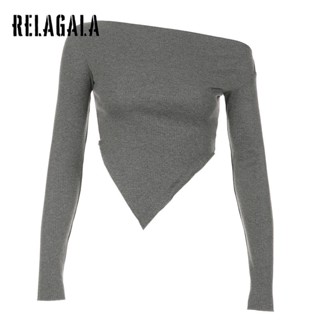 Relagala ใหม่ เสื้อยืดลําลอง แขนยาว เปิดไหล่ ผ้าพันคอ ทรงสี่เหลี่ยม สีพื้น แฟชั่นสําหรับสตรี 2023