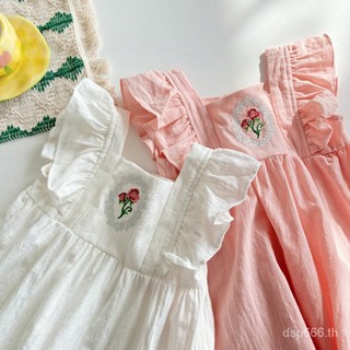 French rose embroidered girls dress 2023 Summer new square collar flying sleeves small and medium childrens clothing foreign dress UADQ