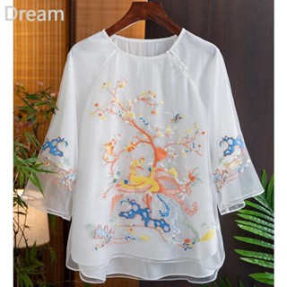 National tide phoenix embroidered white shirt womens summer new elegant round neck irregular Chinese shirt