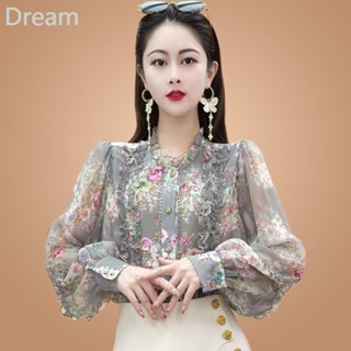 Large size womens floral shirt New Internet celebrity thin small hollow advanced sensual age-reducing all-match shirt