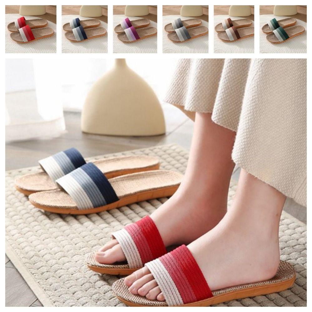 Unuf ผ้าลินินรองเท้าแตะในร่ม, รองเท้าแตะผู้ชายนุ่มลื่น, Cozy Stripe Flax การดูดซึมเหงื่อผู้หญิงรองเท้าแตะห้องนอน - รูปที่ 3