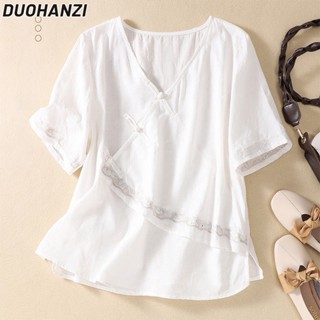 Duohanzi ใหม่ เสื้อแขนสั้นลําลอง คอวี ผ้าฝ้าย ผ้าลินิน ปักลาย เข้ากับทุกการแต่งกาย 2023