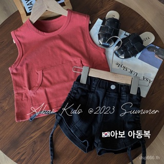 Korean childrens clothing 2023 Summer Girls round neck sleeveless T-shirt top baby half sleeve denim shorts two-piece GAYM