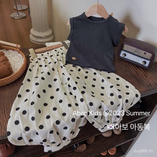 Korean-style childrens clothing womens clothing fashionable suit Western style summer solid color T-shirt polka dot trousers childrens leisure two-piece suit Z