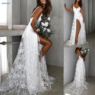 【HODRD】Gorgeous V Neck Lace Sleeveless Wedding Party Backless Prom Dress Maxi Ball Gown【Fashion】