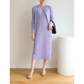 2MUAY รุ่น GJO9167 /GJO8706-1 SLEEVELESS PRINTED DRESS WITH CARDIGAN PLEAT SET ชุดใส่สบาย เซ็ตพลีทงานคุณภาพ 4สี