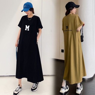 【Dress Oversize】ชุดเดรสแม็กซี่ แขนสั้น ทรงหลวม ความยาว 3/4 150 กก. พลัสไซซ์ สําหรับผู้หญิง