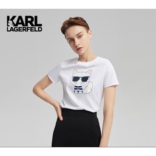 เสื้อยืดแขนสั้น พิมพ์ลายการ์ตูน KARL LAGERFELD SUMMER สีขาว