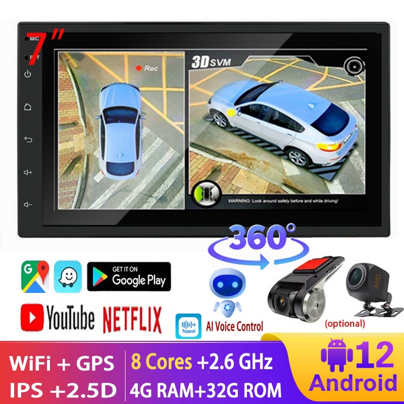 [4G+32G 8core-2.6ghz] เครื่องเล่น Din Android 12 Radio Kereta GPS 360 กล้องพาโนรามา 7 นิ้ว รองรับ EQ WIFI บลูทูธ เครื่องเล่น Android