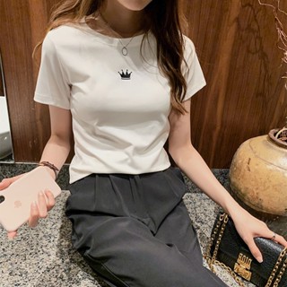 เสื้อยืดคอกลม แขนสั้น พิมพ์ลายมงกุฎ พระอาทิตย์ขึ้น แฟชั่นสําหรับเด็กผู้หญิง