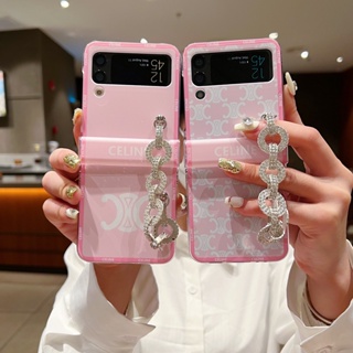 เคสโทรศัพท์มือถือ PC แข็ง กันกระแทก ประดับเพชร สีชมพู สําหรับ Samsung Galaxy Z Flip 4 5G 3in1 Z Flip 3