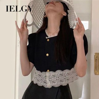 IELGY xiaoxiang เสื้อเชิ้ตแขนสั้น ขอบลูกไม้ เข้ากับทุกการแต่งกาย สไตล์เรโทร สําหรับผู้หญิง