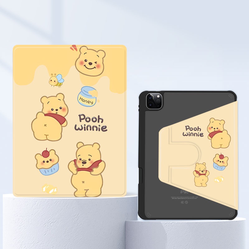 เคสไอเเพด pooh winnie for Air4/Air5 gen6 gen7gen8gen9 pro11 gen10 360°หมุนตั้ง/นอนได้ เคสหนังอะคริลิคใส พร้อมถาดใส่ปากกา