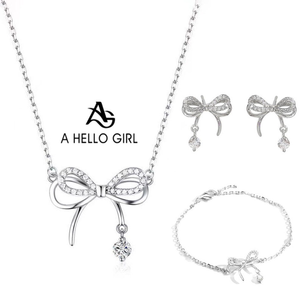 A HELLO GIRL สร้อยคอโช้กเกอร์ ประดับโบว์ / ต่างหู / สร้อยข้อมือ พลอยเทียม แฟชั่นสําหรับผู้หญิง