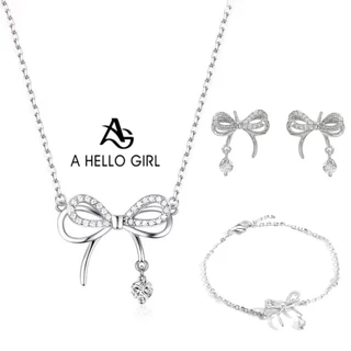 A HELLO GIRL สร้อยคอโช้กเกอร์ ประดับโบว์ / ต่างหู / สร้อยข้อมือ พลอยเทียม แฟชั่นสําหรับผู้หญิง