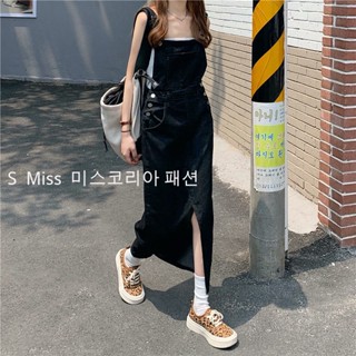 Age-reducing temperament mid-length slit denim suspender skirt womens new large size belly slimming suspender dress