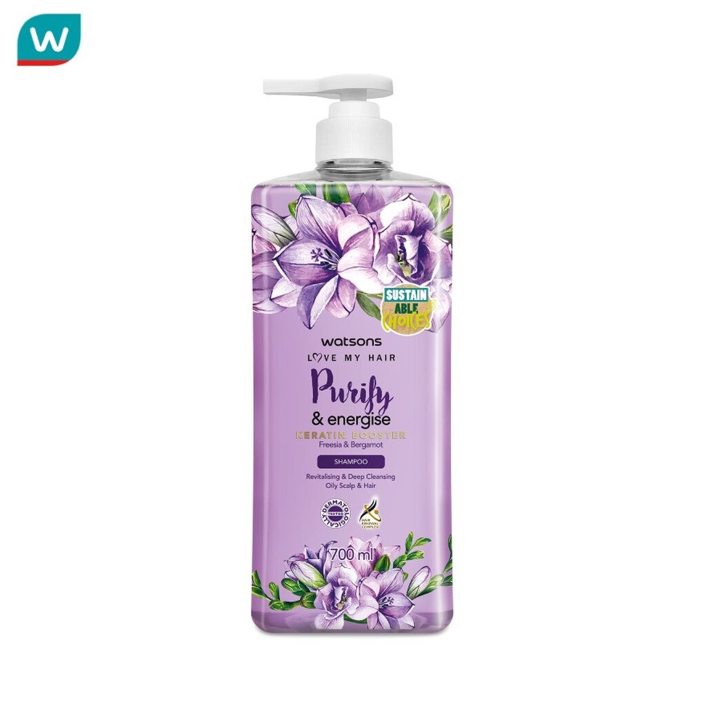 Watsons วัตสัน เพียวริฟาย แอนด์ เอนเนอร์ไจซ์ ฟรีเซีย แอนด์ เบอร์กามอท แชมพู 700มล
