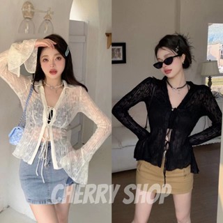 cherryshop พร้อมส่ง🔥เสื้อคลุมซีทรู+เสื้อสายเดี่ยวคล้องคอ🍀set ชุดสูทบางเซ็กซี่ เสื้อแขนยาวสําหรับผู้หญิง เสื้อคาร์ดิแกนลู