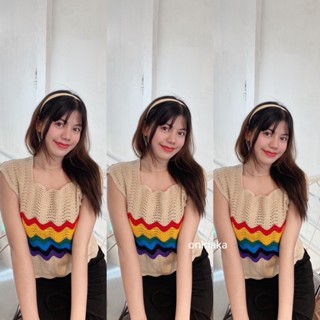 Oninaka เสื้อไหมพรมแจนกุด รับซัมเมอร์ สีรุ้ง  พร้อมส่ง 2131#