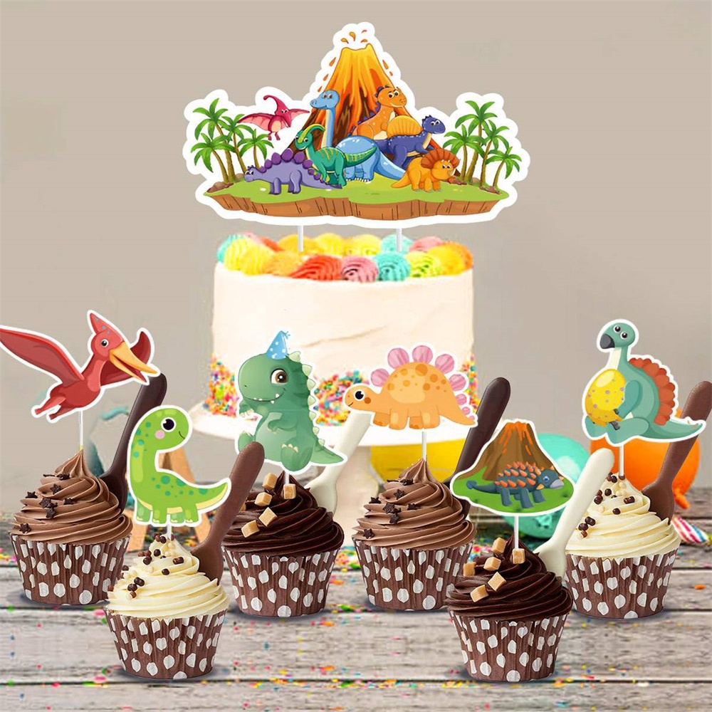 การ์ตูนไดโนเสาร์ธีมตกแต่งเค้กเค้กชุด Topper สำหรับเด็ก Boy Birthday Party อุปกรณ์ตกแต่ง