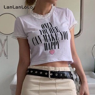 Lanlanlolo เสื้อยืดลําลอง แขนสั้น คอกลม พิมพ์ลายลูกไม้ แฟชั่นสําหรับสตรี 2023