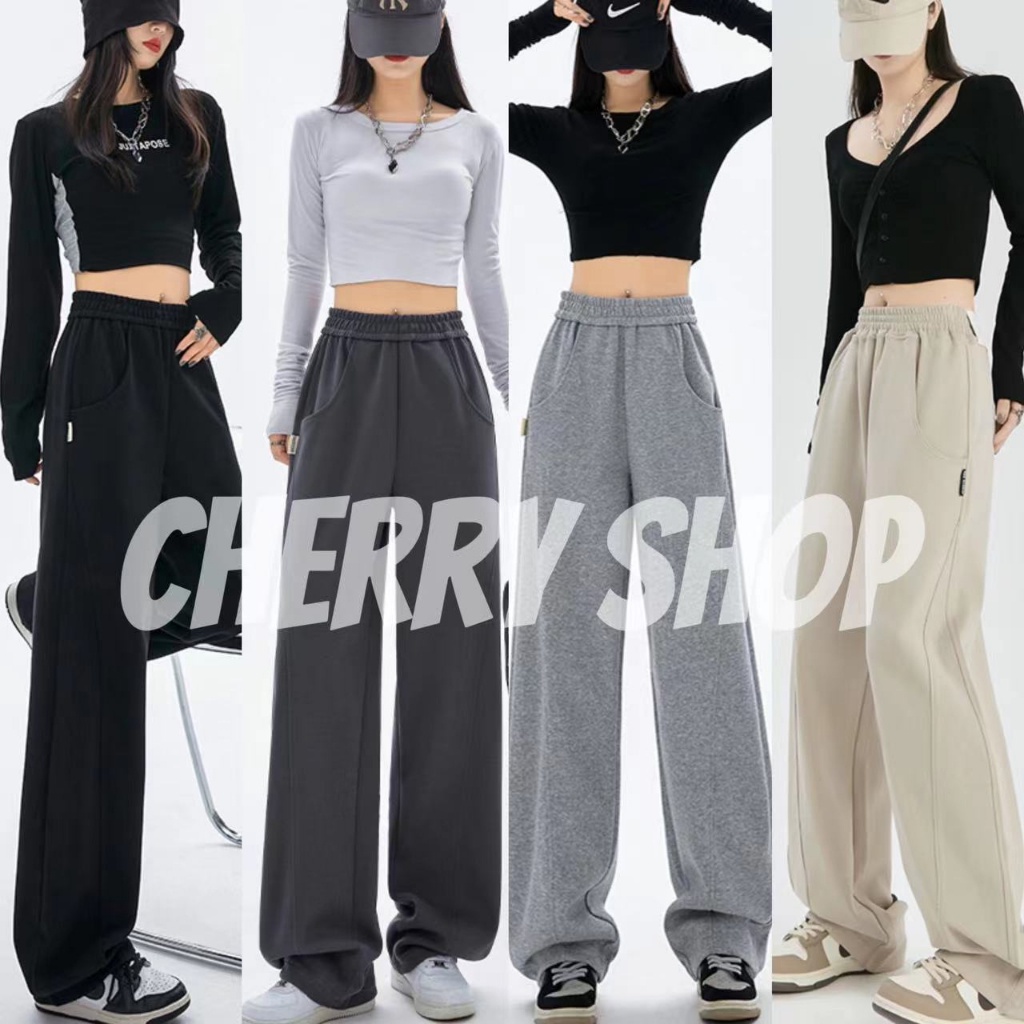 cherryshop พร้อมส่ง กางเกงลำลอง กางเกงกีฬาขากว้างย้อนยุคอเมริกันผู้หญิงฮิปฮอปกางเกงลำลอง