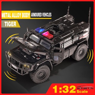 Klt รถของเล่น เกราะโลหะอัลลอย สเกล 1/32 Tiger SWAT มีเสียง และไฟ สําหรับเด็กผู้ชาย