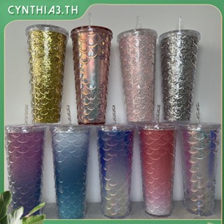 Starbucks New Fish Scale Cup ถ้วยฟางพลาสติกสองชั้น710Ml/24Oz Cynthia